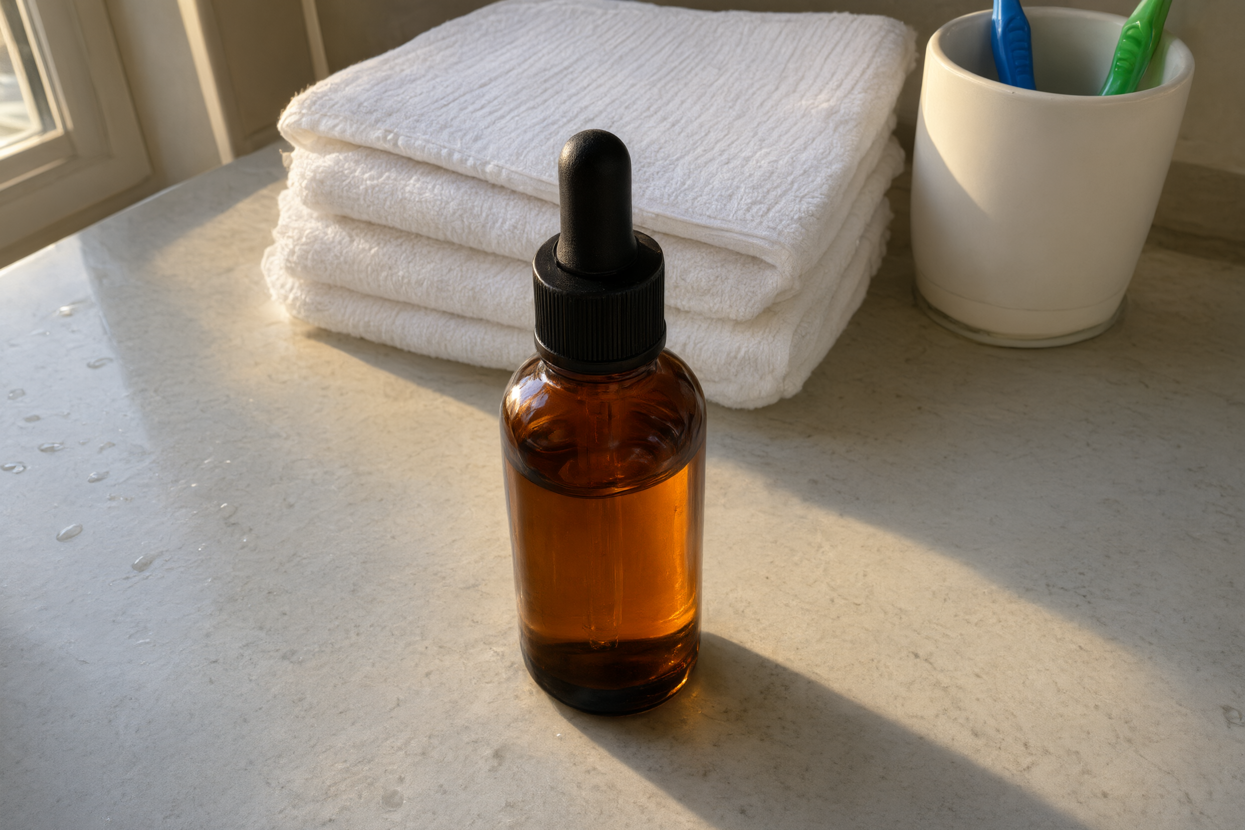 Unretouched amber serum bottle on a bathroom counter
