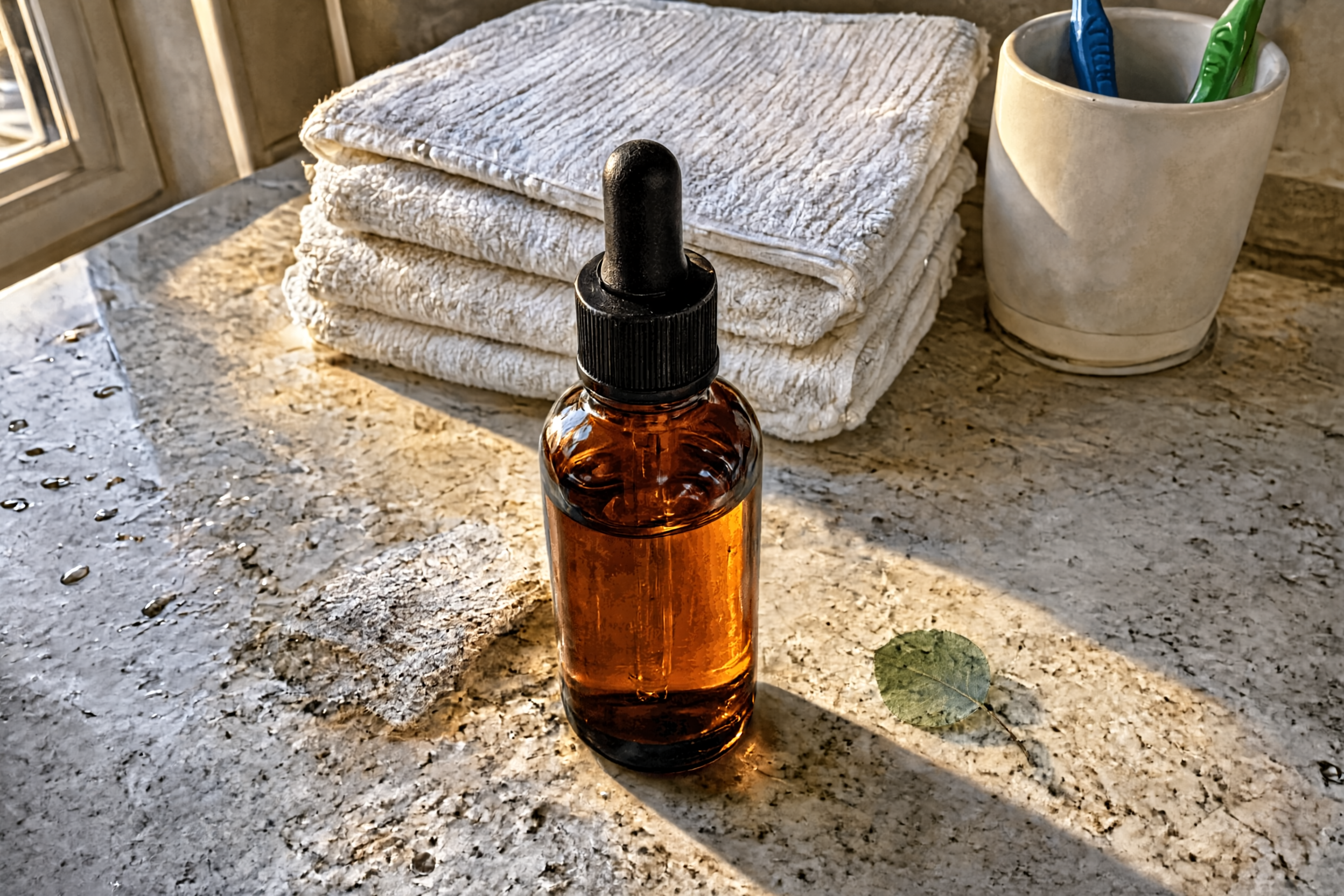Amber serum bottle in a lifestyle product setting