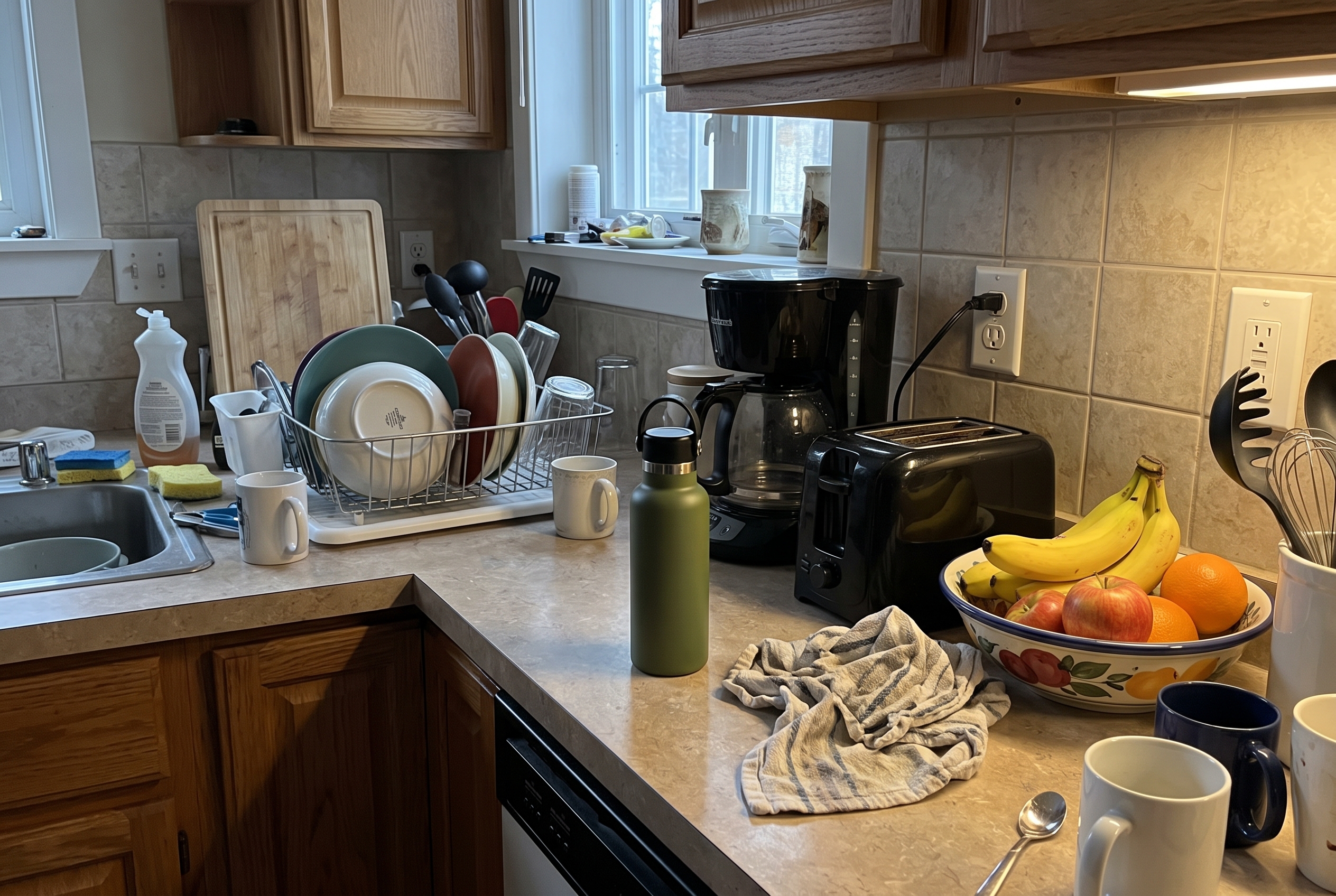 Small olive water bottle in a cluttered kitchen showing a weak product listing image