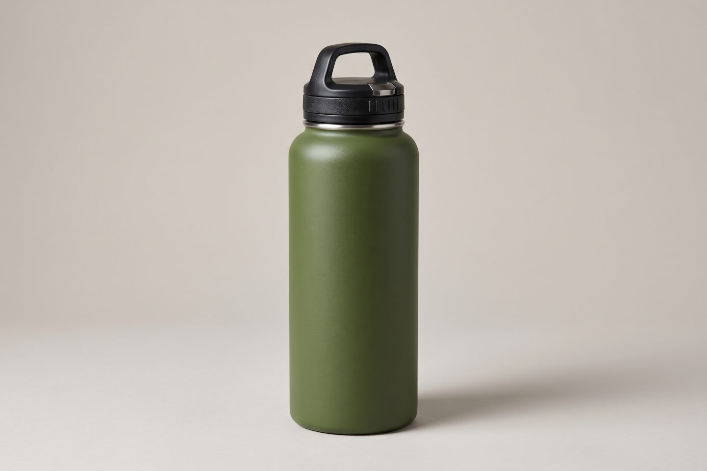 Olive insulated water bottle centered on a neutral studio background