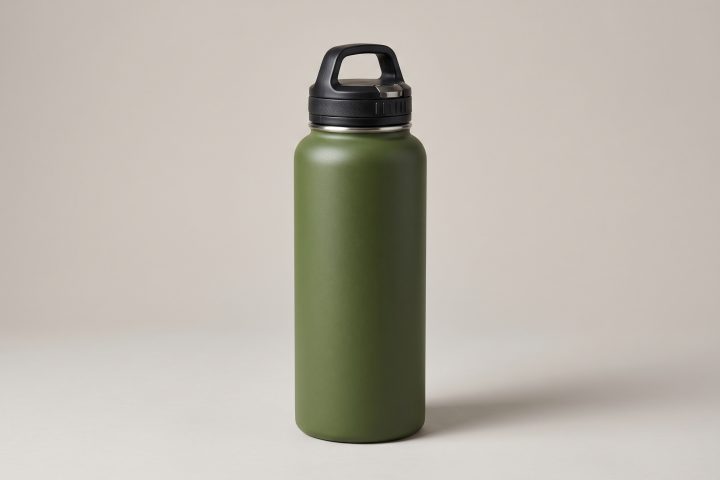 Olive insulated water bottle centered on a neutral studio background