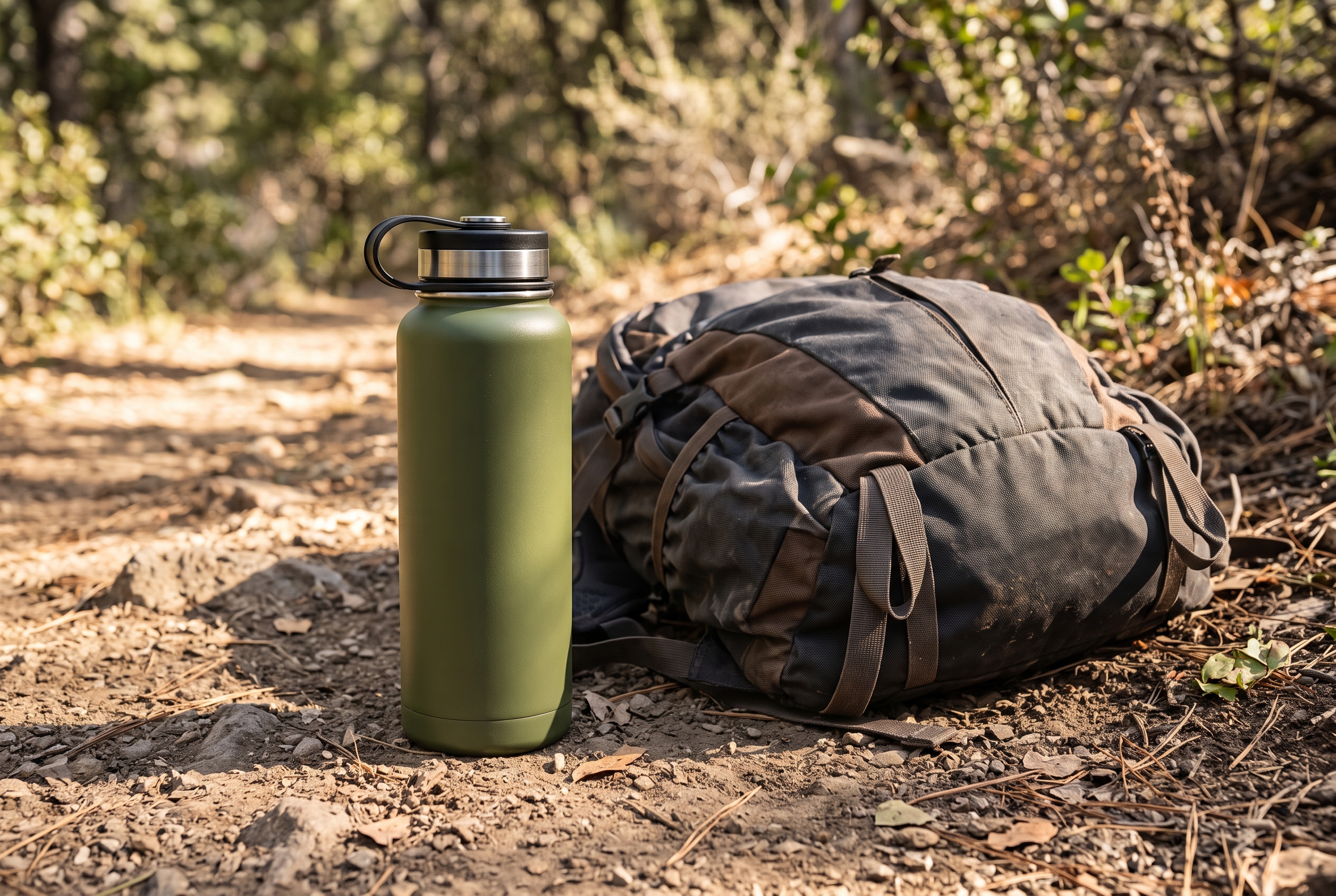 Olive insulated water bottle beside a hiking backpack as a supplementary product image
