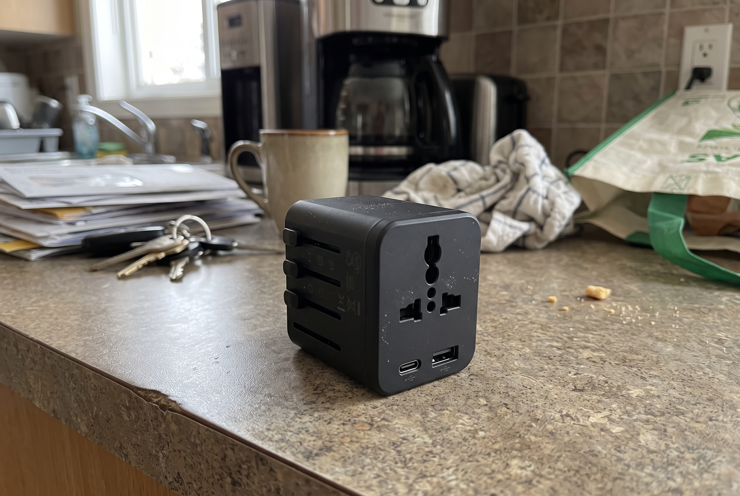 Sample black travel adapter photographed on a cluttered kitchen counter