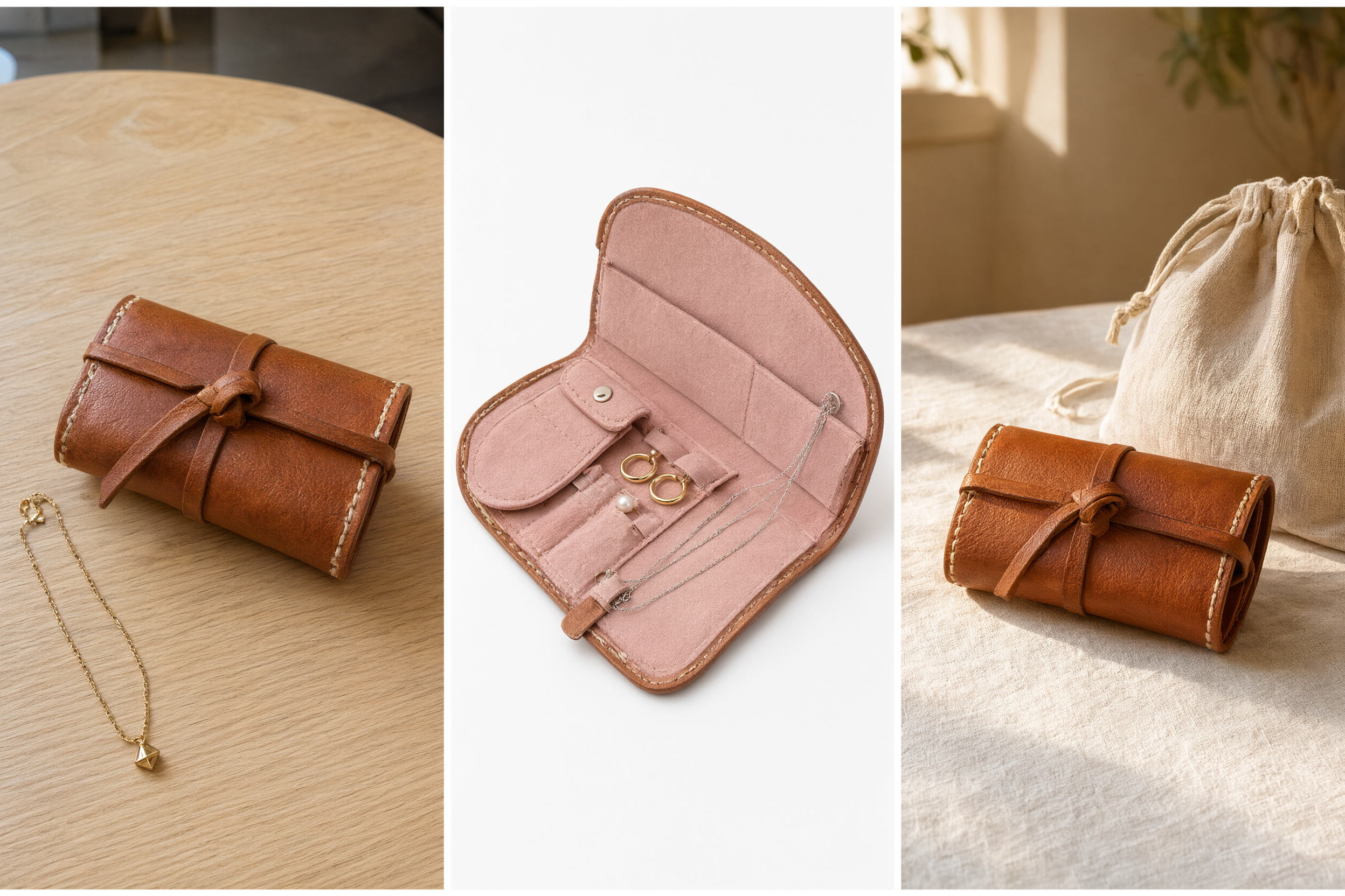 Product description translation example for a leather jewelry roll