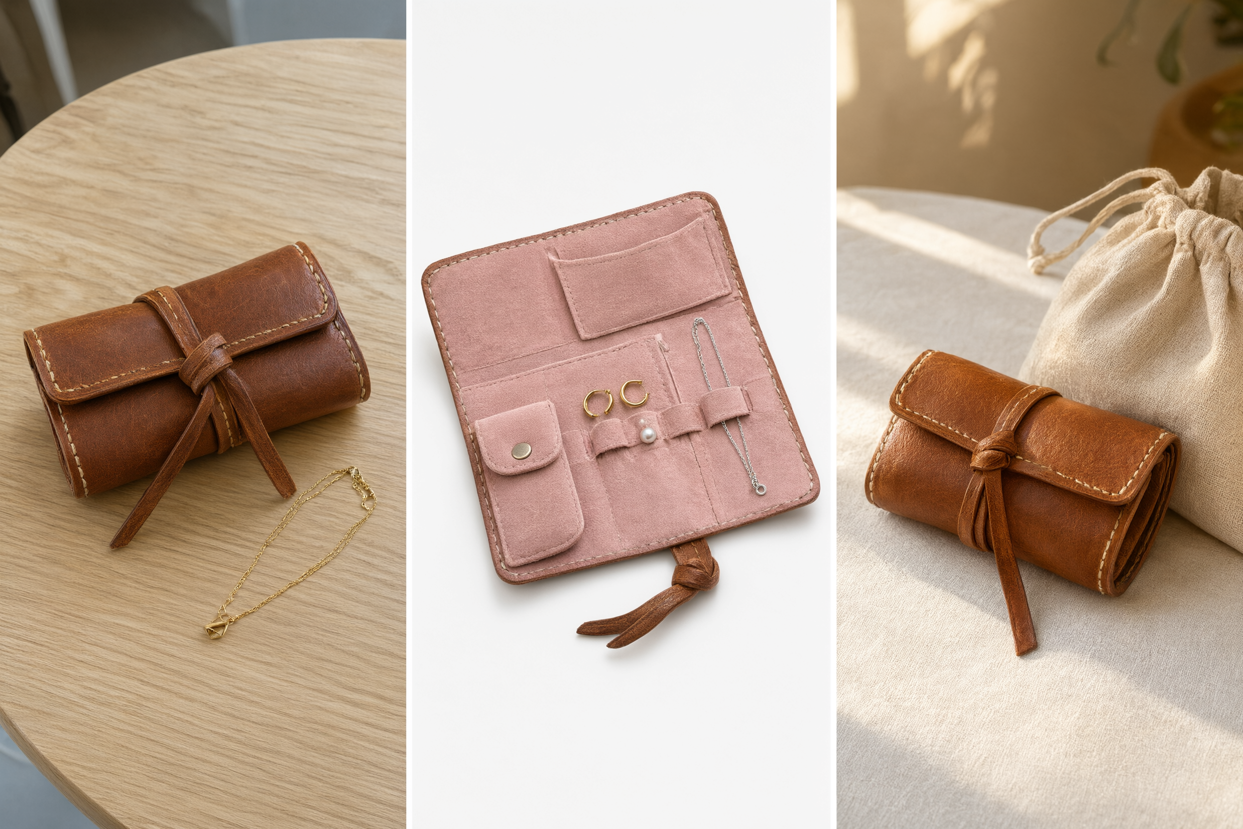Open leather jewelry roll used for a localized product description example