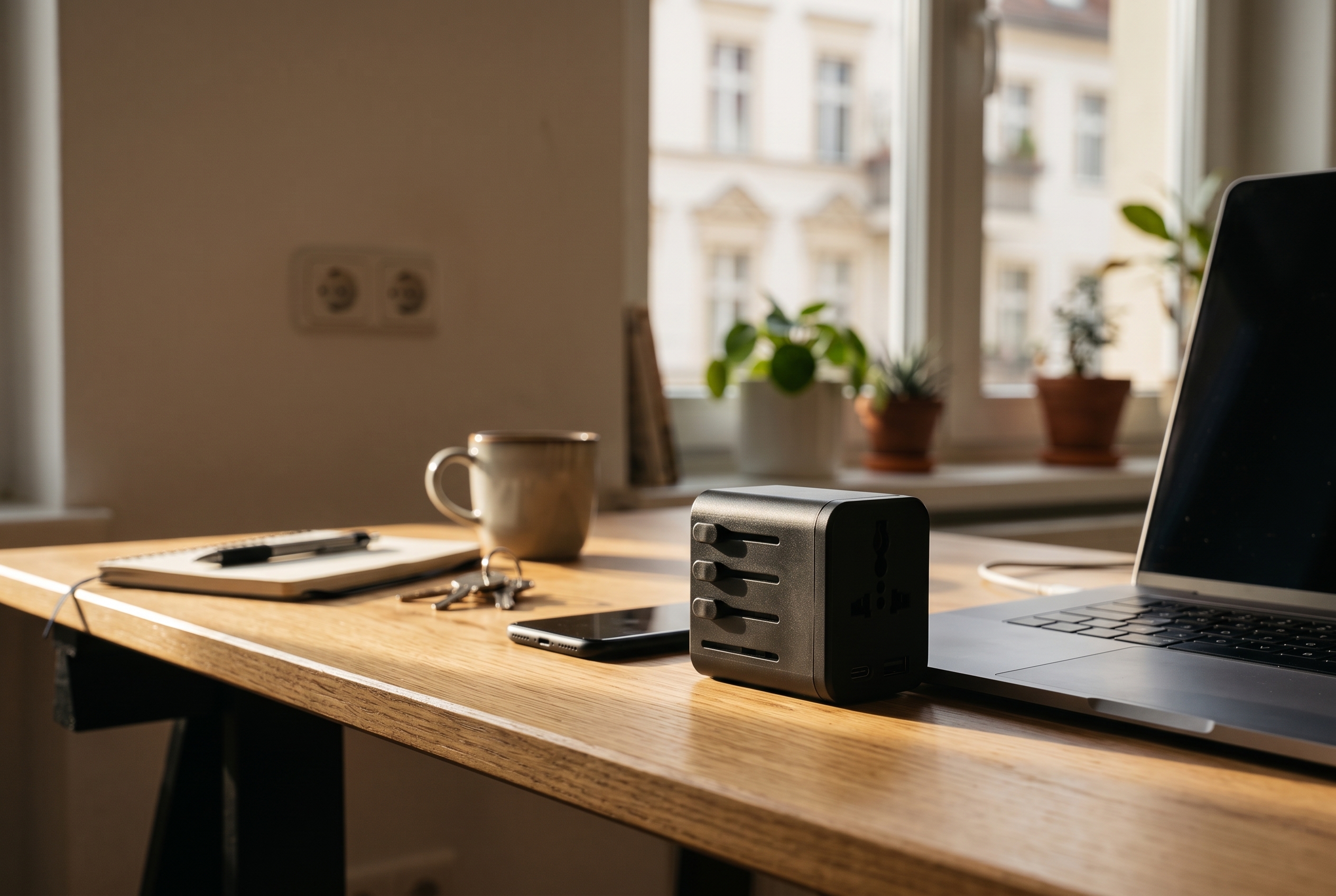 Black travel adapter beside a laptop and phone in a European apartment workspace