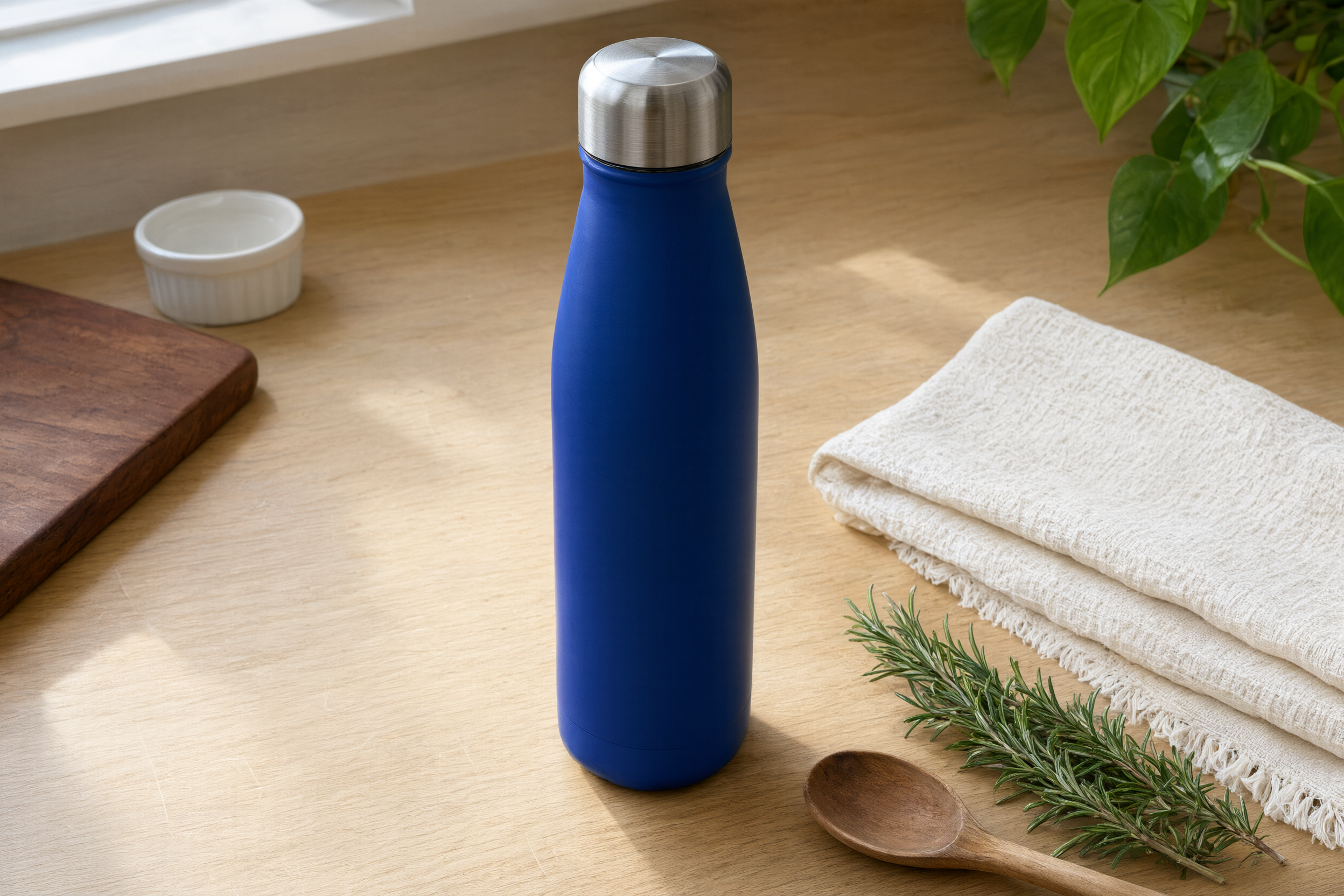 Cobalt blue insulated water bottle on a kitchen counter with a folded towel and wooden spoon