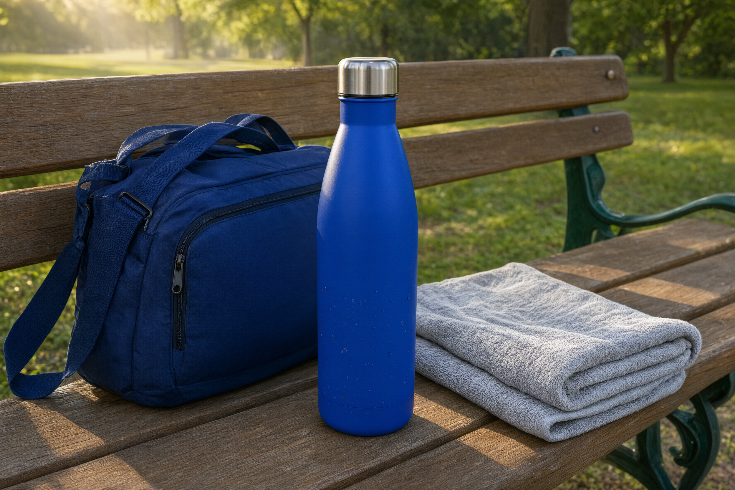 Cobalt blue insulated water bottle beside a navy running bag and gray towel on a park bench