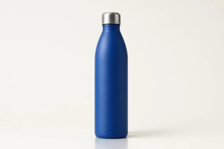 Cobalt blue insulated water bottle centered on an off white background