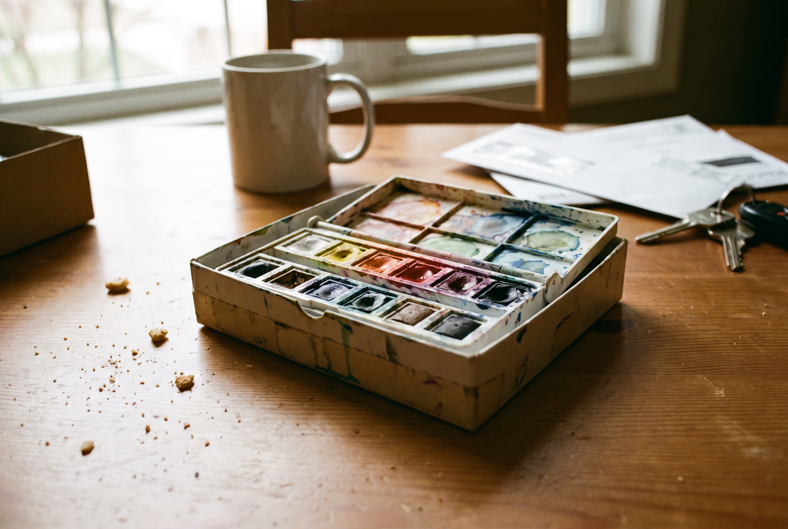 Unorganized watercolor paint set used in a product listing audit example