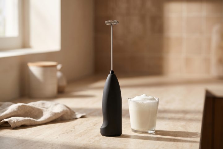 handheld milk frother and glass of foam for a product video checklist