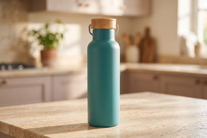 Teal insulated water bottle for Shopify product titles guide cover
