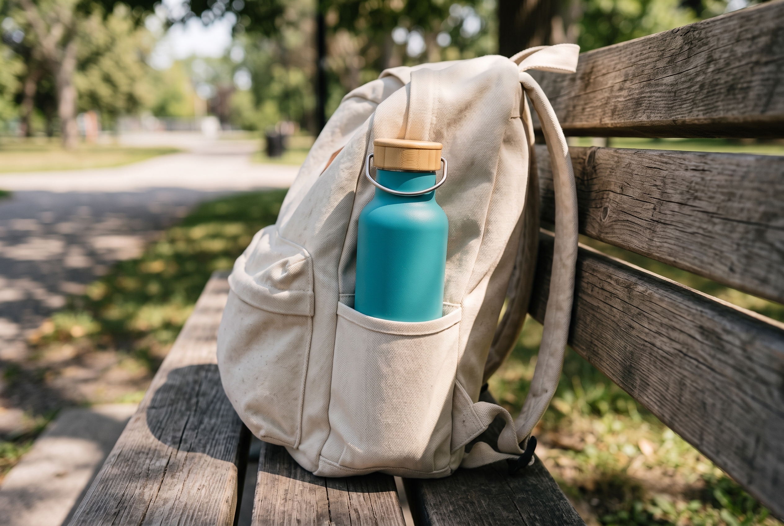 Teal insulated water bottle in a canvas daypack showing use context for a product title