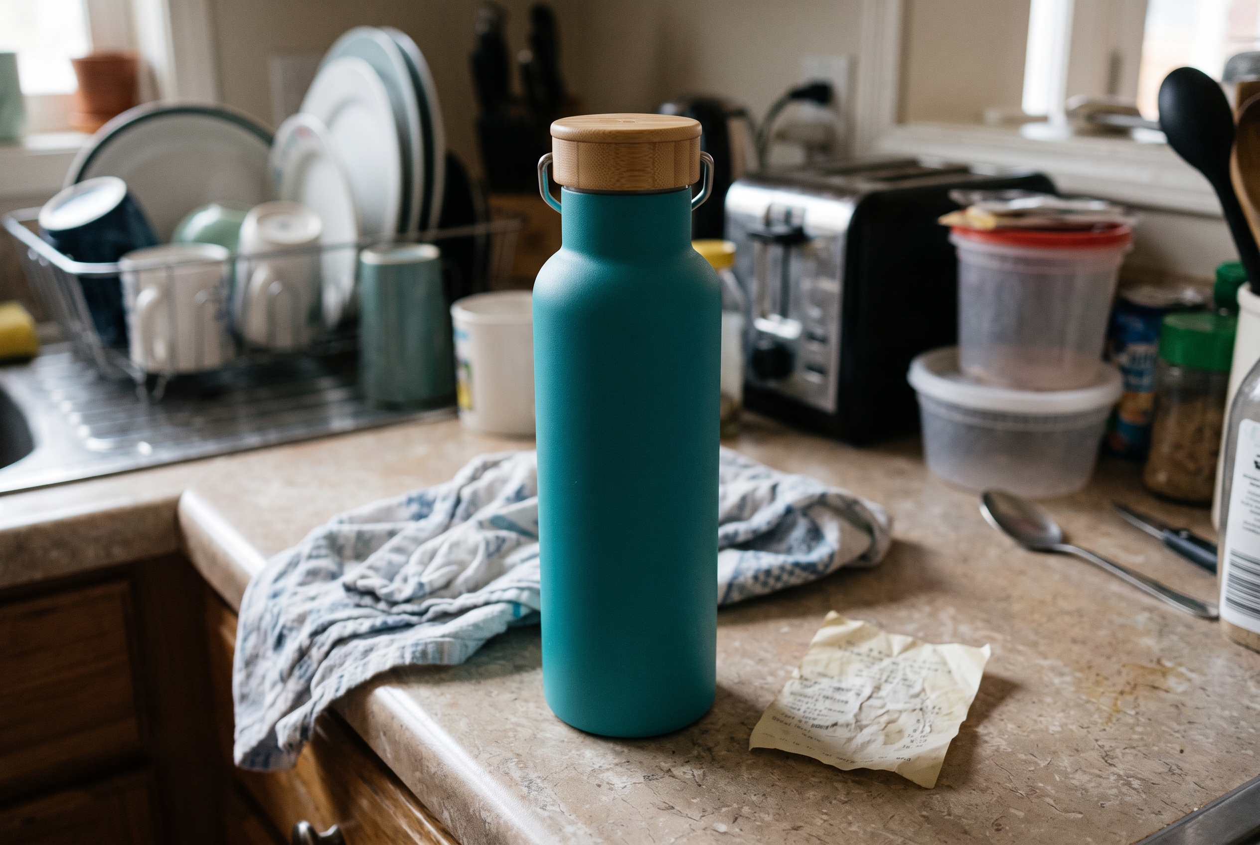 Sample teal insulated bottle on a cluttered kitchen counter for a Shopify product title example